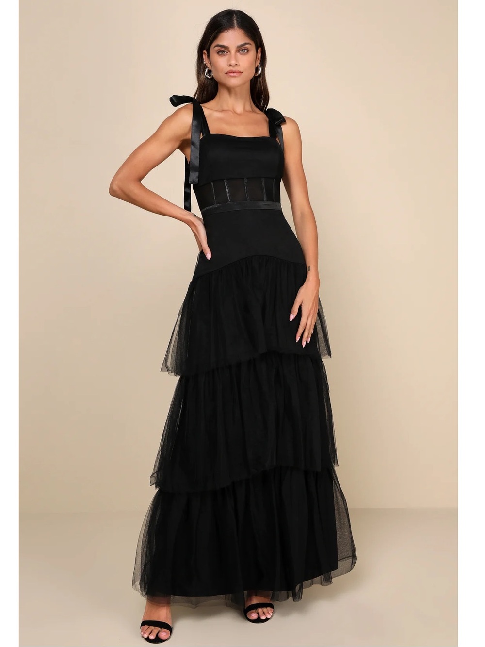 Lulus Enticing Mystique Black Tulle Tie-Strap Tiered Lightweight Maxi Dress 2X
